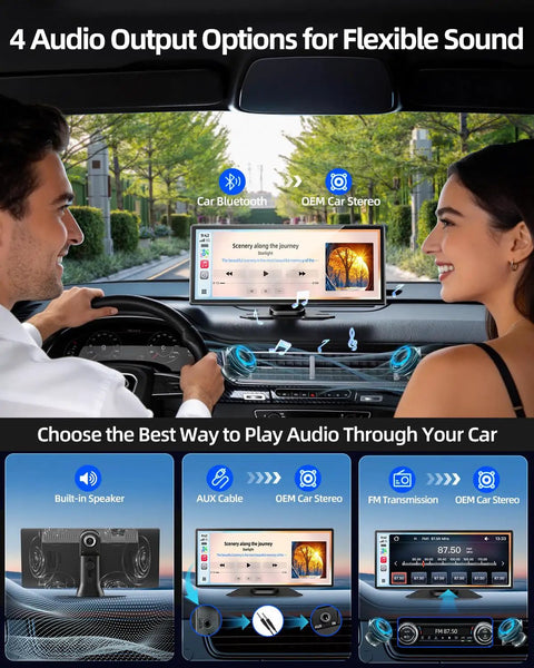 Couple using 11.5 Inch Wireless Apple CarPlay Screen For Cars With Android Auto Touch Screen Car Stereo Big Screen Dash Cam 4K