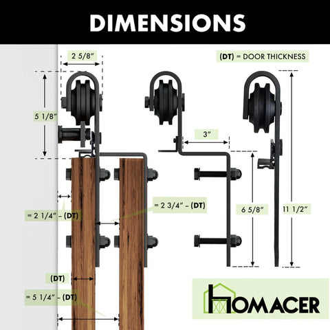 Front view of Black Rustic Single Track Bypass Sliding Barn Door Hardware Kit for Double Doors showing dimensions and roller design.