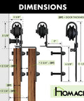 Black Rustic Bypass Sliding Barn Door Hardware Kit For Double Doors, 6ft Flat Track, showing dimensions and rollers.