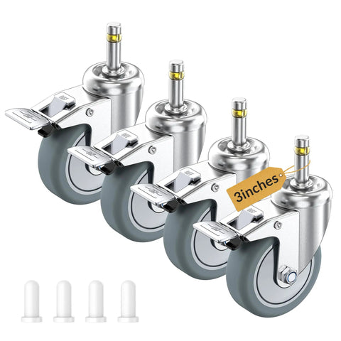 Built Tough 3 Inch Locking Caster Wheels Set Of 4 Heavy Duty TPR Rubber Swivel Castors With Top Lock Brake 7/16 Stem 660 Lb Capacity showing four wheels with metal plating and locking mechanism.