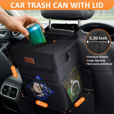 Back Seat Hanging Car Trash Can With Lid Leak Proof Automotive Garbage Bin for Truck SUV, black, showing size and features