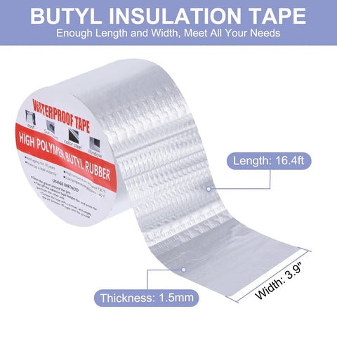 Pro Grade Outdoor Waterproof Butyl Tape 1.5mm Thick Seam Tape, 16.4ft long by 3.9in wide, roll of silver tape; stops leaks.