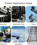 Images of product applications: machining, automotive parts, power, electronics, aerospace, telecommunications.