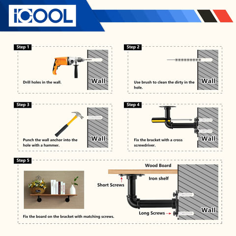 Installation diagram for Ten Pack 7 Inch Industrial Pipe Shelf Brackets Heavy Duty Unibody For 8 To 14 Inch Boards
