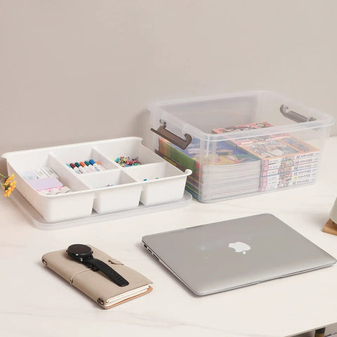 17 Quart Clear Plastic Storage Box With Removable Tray And Five Partition Compartments ideal for organizing crafts.