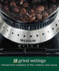 Electric Burr Coffee Grinder With One Touch Automation And Eighteen Position Grinding Dial For Hella Precise Fresh Beans close-up on grind settings dial.
