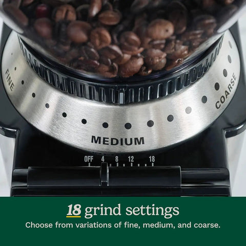 Electric Burr Coffee Grinder With One Touch Automation And Eighteen Position Grinding Dial For Hella Precise Fresh Beans close-up on grind settings dial.