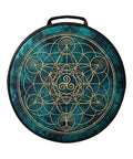 Kickass Shamanic Bodhran Drum Bag With Custom Sublimation Finish featuring intricate gold designs on teal fabric, suitable for 8 to 24 inch hand drums.
