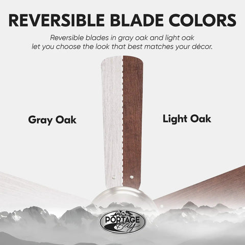 42 Inch Brushed Nickel Ceiling Fan With LED Light Kit showing reversible blade colors in gray oak and light oak