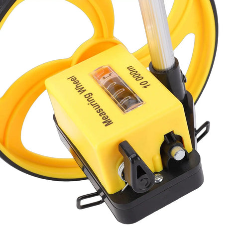 Close-up of Hilitand Distance Measuring Wheel, 8 Inch Telescopic Design with yellow housing and measurement display.