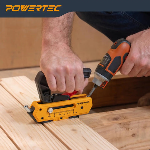 Heavy Duty Edge Deck Screw Jig Kit With T15 Torx Bit Plus Three Precise Board Spacing Settings For Smooth Hidden Fastening On Thirty Five To Six Inch Wood Or Composite Planks Fitting Standard Number Ten Screws For No Sweat Deck Builds in use on wooden planks.