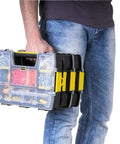 Person carrying Sortmaster Lite Organizer 4 Pack See Through Tray System in Black Yellow Clear for Tools Hardware Craft Supplies.