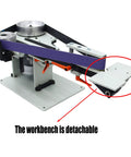 Heavy Duty Variable Speed Belt Sander And Knife Grinder Featuring Wheel Plus Flat Platen Tool Rest For Metal And Wood Polishing 1500W Motor 220V showing detachable workbench detail.
