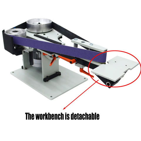 Heavy Duty Variable Speed Belt Sander And Knife Grinder Featuring Wheel Plus Flat Platen Tool Rest For Metal And Wood Polishing 1500W Motor 220V showing detachable workbench detail.