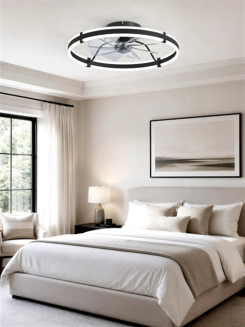 Modern 24 Inch Low Profile Ceiling Fan With Dimmable LED Light And Wireless Remote Slick Black Design in a bedroom setting.