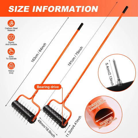 Size diagram of Push Lawn Aerator 21 Inch Tool with preassembled spikes and 75 inch adjustable handle in orange finish