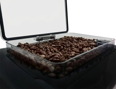 Kickstart Your Daily Java With This Slick Super Automatic Espresso Machine Featuring A Bpa Free Design with coffee beans in a transparent container.