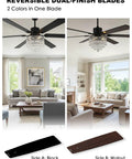 Bella Depot 65" Crystal Fandelier Low Profile Ceiling Fan with Light features reversible black and walnut blades shown in a modern living room.