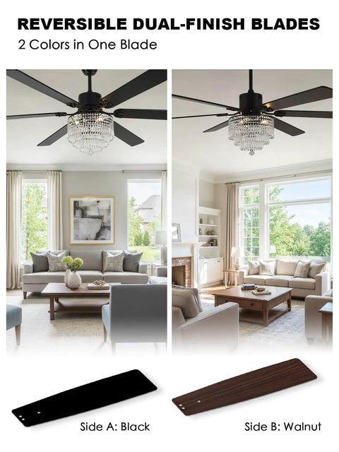 Bella Depot 65" Crystal Fandelier Low Profile Ceiling Fan with Light features reversible black and walnut blades shown in a modern living room.