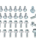 Oil Pan Bolt Kit For Chevy SBC And Ford SBF V8 Engines, 22-Piece Set showing various sizes for 1955-1998 Chevy and Ford engines