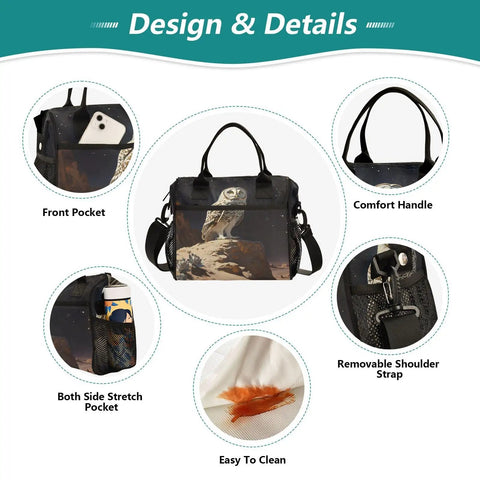 Insulated Lunch Tote With Owl Desert Landscape Print For Women And Men, featuring pockets, strap, and easy-to-clean feature details