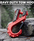 Three-Eighths Inch Heavy Duty Winch Hook With Safety Latch, 45,000 Lbs Break Strength, red hooked on rock for off-roading
