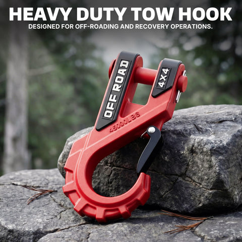 Three-Eighths Inch Heavy Duty Winch Hook With Safety Latch, 45,000 Lbs Break Strength, red hooked on rock for off-roading