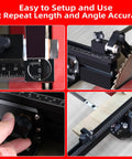 Image showing Professional Portable Miter Gauge For Table Saw With 18 Inch Fence and Quick Release Flip Stop with measurement details.