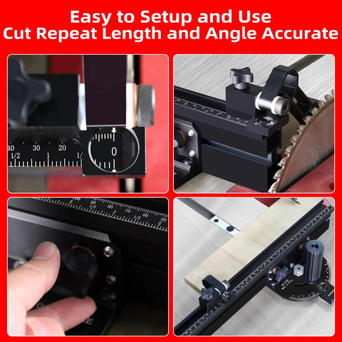 Image showing Professional Portable Miter Gauge For Table Saw With 18 Inch Fence and Quick Release Flip Stop with measurement details.