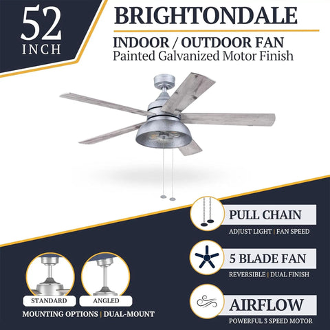 Industrial 52 Inch Ceiling Fan With Light Kit For Indoor And Outdoor Spaces Pull Chain Control Five Dual Finish Blades In Galvanized
