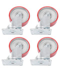 Kickass 4 Inch Caster Wheels 4 Pack With Locking Brakes, Heavy Duty Polyurethane Swivel Casters, visible red wheels and metal brackets.