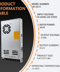 Tough As Nails 350W AC DC Power Supply 15V Enclosed Unit with specs on power rating and dimensions.