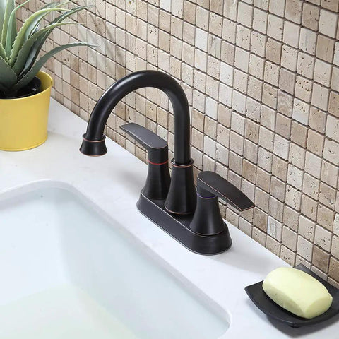 Lead Free Two Handle Oil Rubbed Bronze Bathroom Sink Faucet With 360 Degree Swivel High Arc Spout Four Inch Centerset