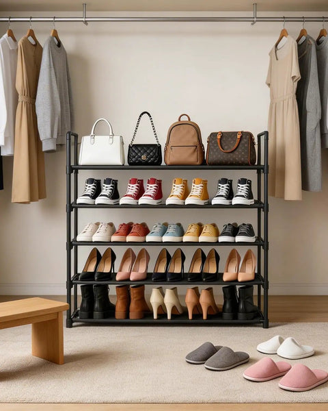 Ultra Roomy Five Tier Shoe Rack Organizer For 20 To 25 Pairs Of Kicks With 34.3 Inch Wide Adjustable Shelves