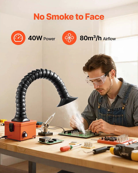 Man using Solder Fume Extractor With 40W Brushless Motor, Two Stage Filters, Adjustable Airflow, 80 M3/H Suction, Compact Desktop.