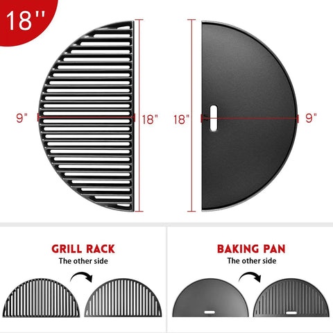 18 Inch Half Moon Cooking Grate And Reversible Griddle For Kamado Joe Classic I II III Large Big Green Egg Vision Grill B11N1A1 Y2A VGKSS-CC2 Stand Alone Solo Stove Grill Heavy Duty Outdoor Kitchen Accessory shown in grill rack and baking pan mode.