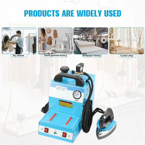 Heavy Duty Industrial Steam Iron Station With Pressurized Continuous Flow And Massive Four Liter Tank Built Like A Workhorse With Multi Layer Safety Guards For Zero Hassle Professional Pressing Any Day in a laundry setting.