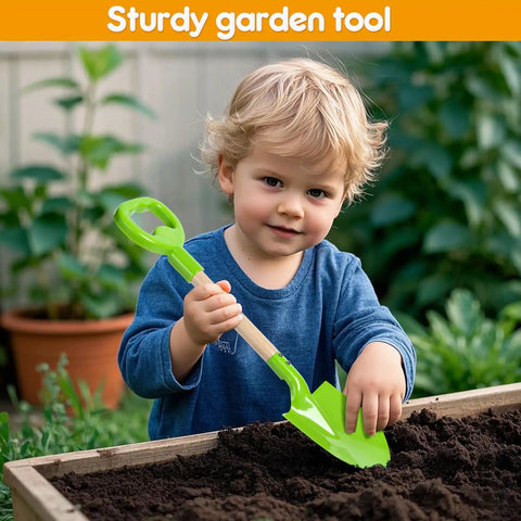 Child playing with Three Piece Metal Beach Shovel Set For Kids, 16 Inch Sand Shovels With Wooden Handles in garden