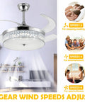 Lit Crystal Ceiling Fan With Lights 42 Inch LED Remote 3 Color Temp Retractable Invisible Blades 6 Speeds in living room
