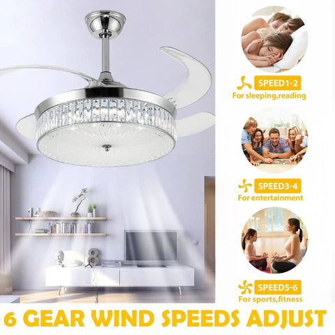 Remote Control Crystal Ceiling Fan Light 42 Inch Invisible Chandelier with 4 Retractable ABS Blades in living room setting