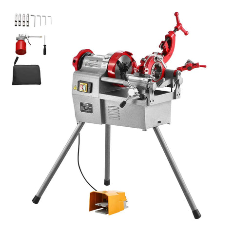 Three In One Do It All Electric Pipe Threader Machine, 750W Power, 28 RPM, with foot pedal and tools, on stand
