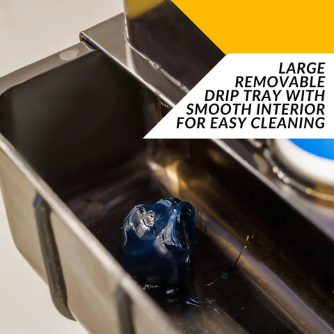 Close-up of grease gun holder wall mount with must have removable drip tray for garage and shop organization.