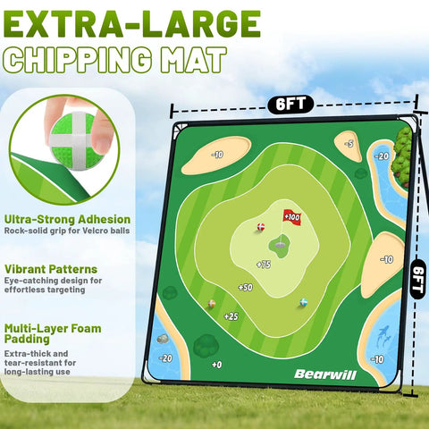 Epic Backyard Golf Chipping Game For Adults, 70 by 70 inch chipping mat with vibrant patterns in grassy setting