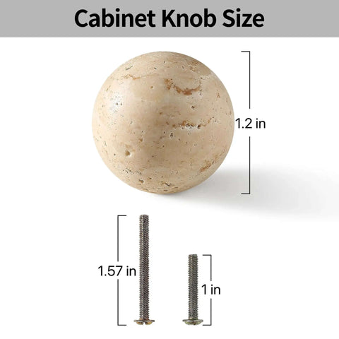 Natural Travertine Round Cabinet Knobs 1.2 Inch Diameter 4 Pack with screws shown for size reference