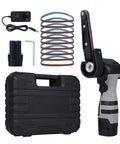 Heavy Duty Mini Belt Sander And Angle Grinder Tool Featuring Variable Speed Motor, adjustable speed control, sanding belts, and carrying case.