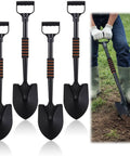Four Piece 27 Inch Curved D Handle Shovel Set For Gardening And Digging, shown alongside use in soil with person digging