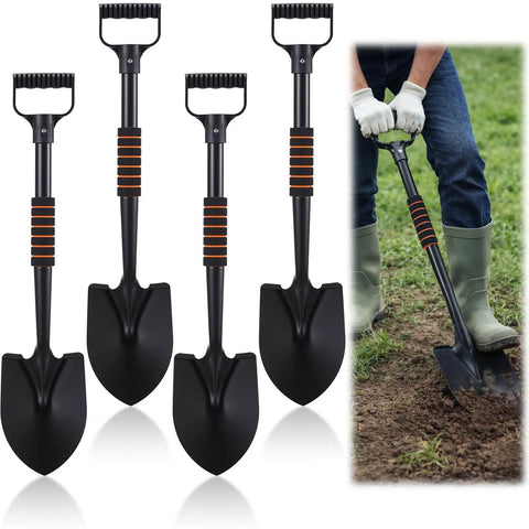 Four Piece 27 Inch Curved D Handle Shovel Set For Gardening And Digging, shown alongside use in soil with person digging