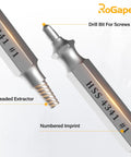 Close-up of HSS 4341 drill bits labeled #1 for 5 Piece Screw Extractor Set For Stripped Screws And Bolts Drill Bit Tools.