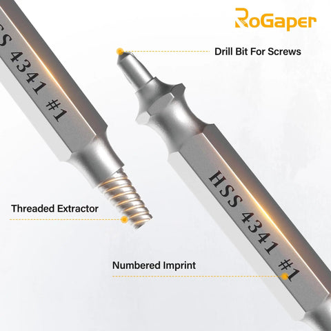 Close-up of HSS 4341 drill bits labeled #1 for 5 Piece Screw Extractor Set For Stripped Screws And Bolts Drill Bit Tools.