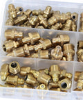 Overhead view of brass 1/4 and 1/8 hydraulic grease Zerk fittings in a clear plastic organizer, SAE assorted angles.